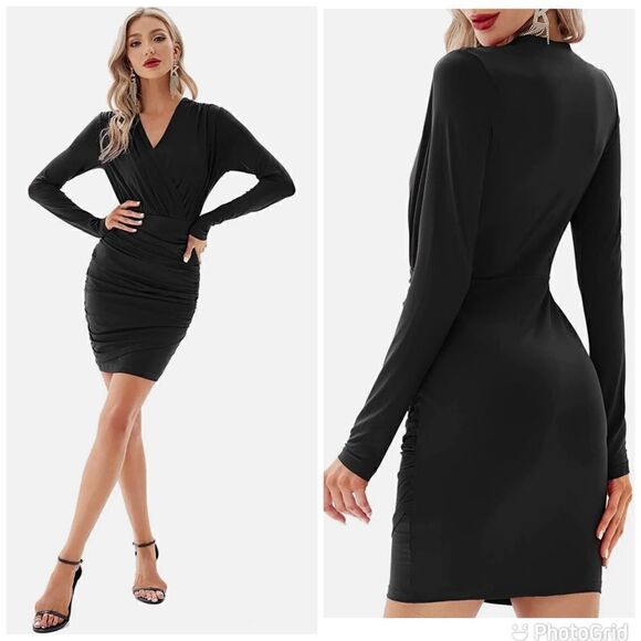 GRACE KARIN Women's Retro Long Sleeve Ruched Wrap Party Pencil Dress - Picture 1 of 15